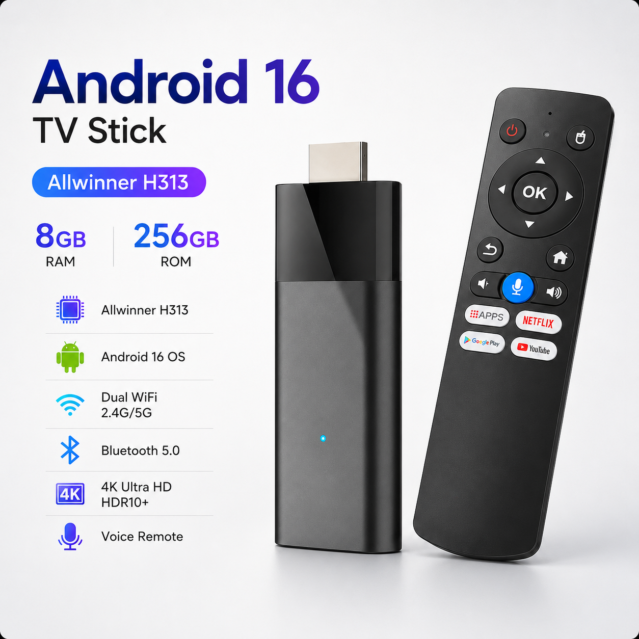 Home Cinema Media Player - Android 16 TV Stick 4K Allwinner